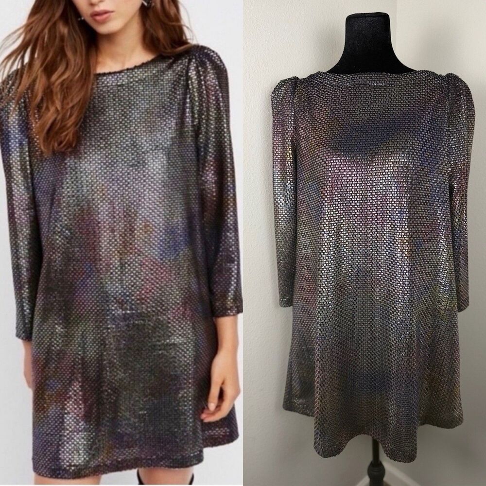 Free People Diamonds Are Forever Irridescent Metallic Puff Sleeve Mini Dress XS - Picture 3 of 14
